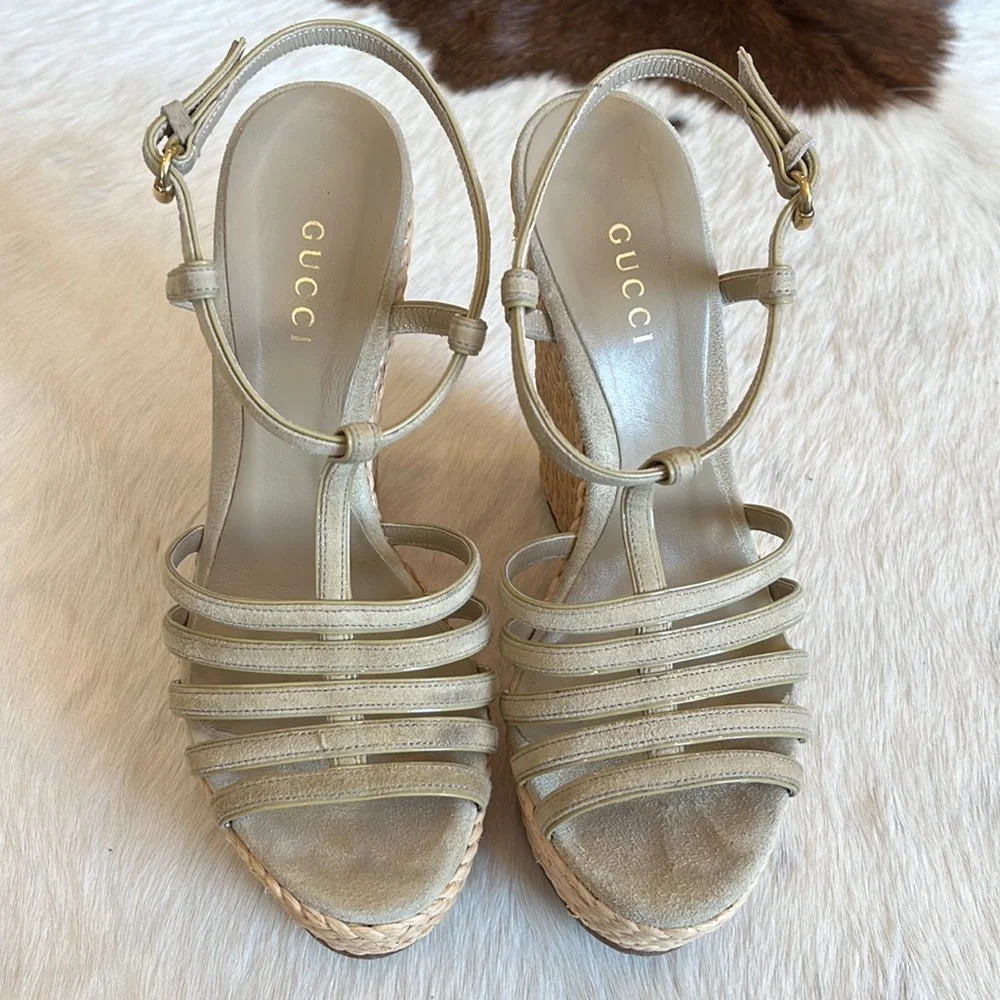 Gucci Beige Suede Caged Espadrille Wedge Sandals Sz 35.5 - Picture 6 of 12